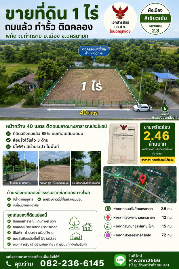 รูป ขายที่ดินถมแล้ว 1 ไร่ ล้อมรั้วสีเขียว มีโฉนด ด้านหน้าติดถนนหลวง ด้านหลังติดคลองธรรมชาติ - รูปที่ 9/25