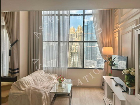 🏢Ready to move in! KnightsBridge Prime Sathorn, fully furnished duplex unit on a high floor with city views, near BTS Chong Nonsi station🚅