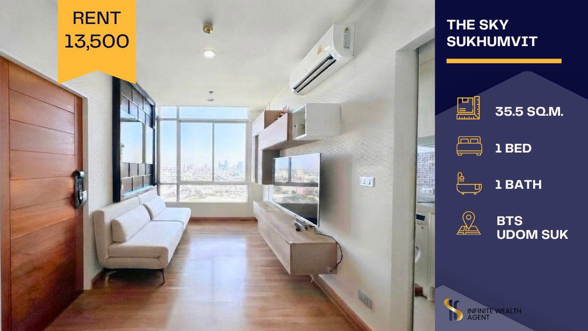 รูป ✨ดีไซน์อบอุ่น แต่งครบจบที่เดียว! | The Sky Sukhumvit • 1นอน 35.5ตร.ม. ชั้นสูง | ใกล้ BTS อุดมสุข | เช่า 13,500.- ⚡ห้องสวยไปไว ทักด่วน! - รูปที่ 1/10