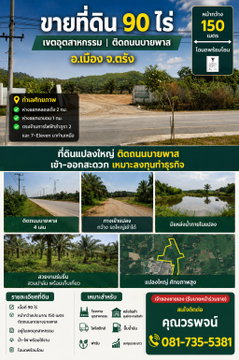 ขายที่ดินศักยภาพ 90 ไร่ เขตอุตสาหกรรม อ.เมือง จ.ตรัง ติดถนนบายพาส