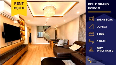 Condos for rent : ✨Rare Duplex ready to move in! • Belle Rama 9 3Bed3Bath 108sqm High floor • 🚆Near MRT & Central • Rent 98K Book a viewing!📲