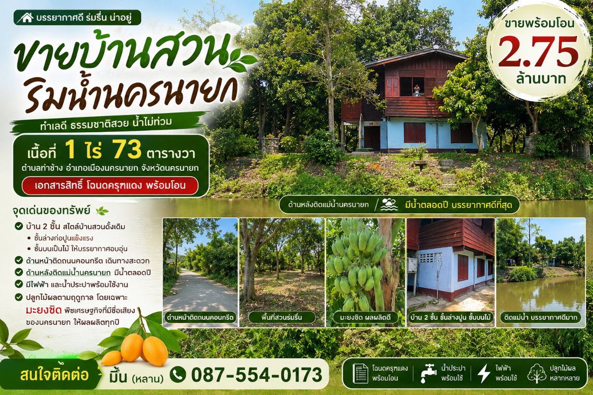 รูป ขายบ้านสวนติดแม่น้ำนครนายก (ของป้า) เนื้อที่ 1 ไร่ 73 ตารางวา ตำบลท่าช้าง อำเภอเมืองนครนายก  - รูปที่ 1/43