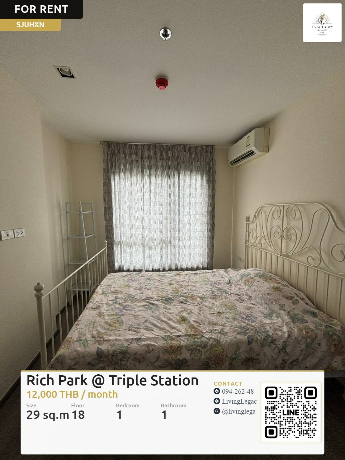 SJUHXN เช่าด่วน คอนโด Rich Park @ Triple Station 29 ตร.ม. | ชั้น 18 | 1 ห้องนอน | 1 ห้องน้ำ 12,000 บาท/เดือน line id : @livinglegacy