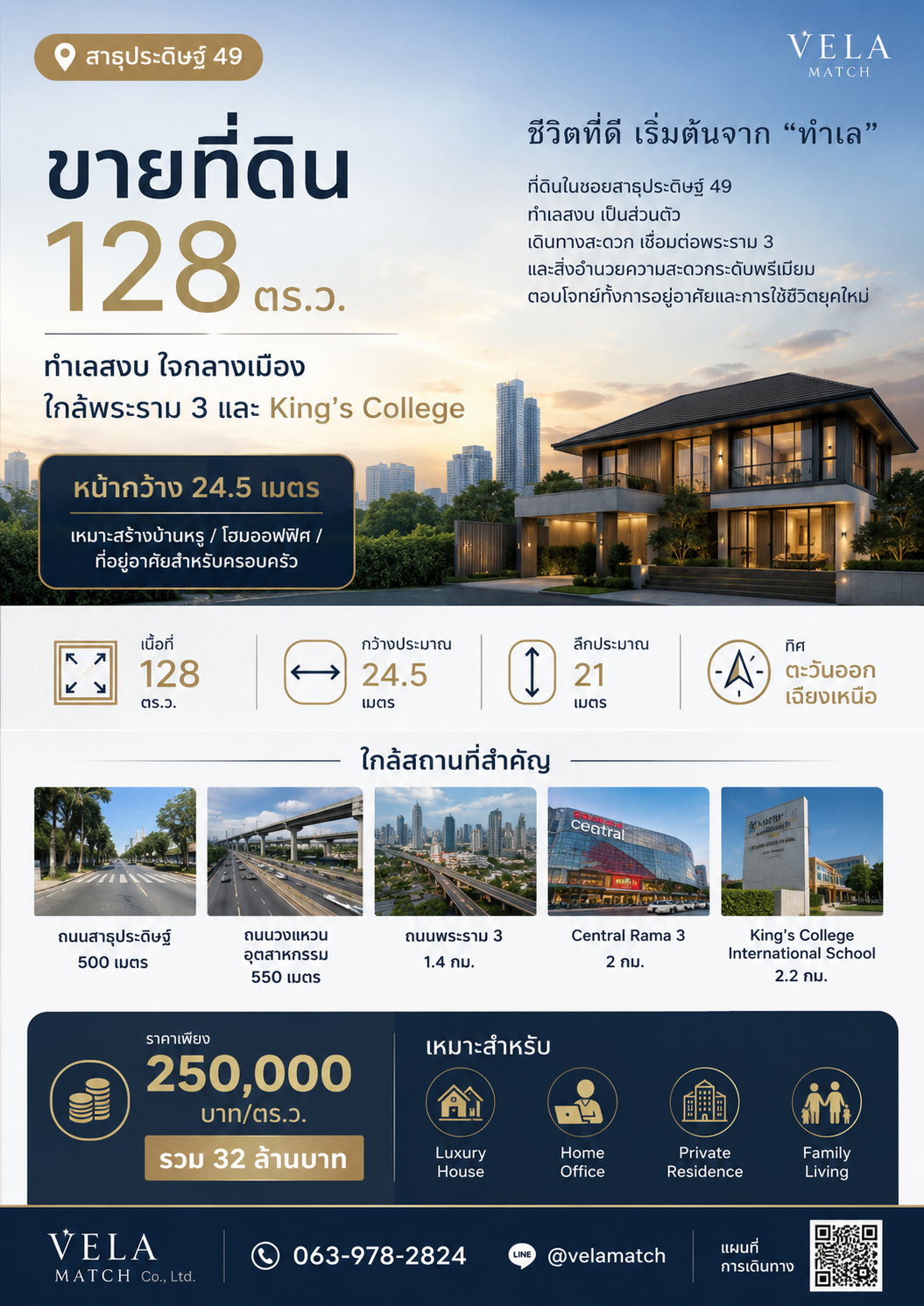 ขายที่ดิน 128 ตร.ว. สาธุประดิษฐ์ 49 หน้ากว้าง 24.5 เมตร ทำเลสงบ ใกล้พระราม 3 และ King’s College