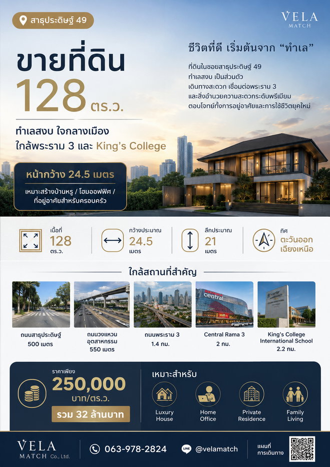 รูป ขายที่ดิน 128 ตร.ว. สาธุประดิษฐ์ 49 หน้ากว้าง 24.5 เมตร ทำเลสงบ ใกล้พระราม 3 และ King’s College - รูปที่ 1/2