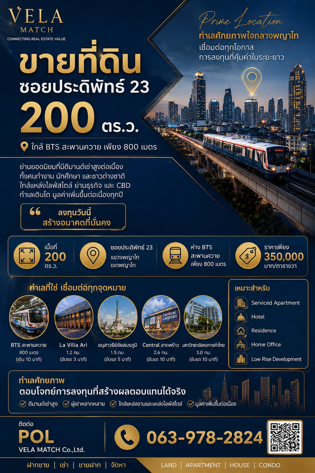 ที่ดินใกล้ BTS สะพานควาย 800 เมตร ทำเลเหมาะพัฒนา Hotel หรือ Serviced Apartment ใจกลางเมือง