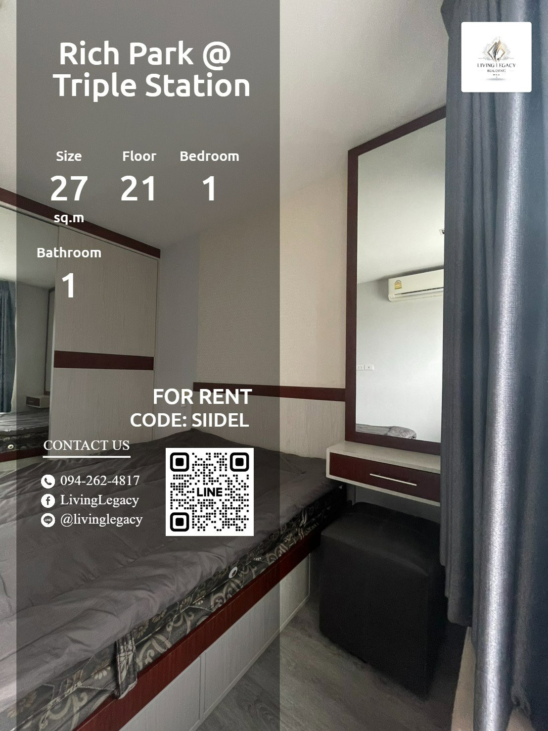 SIIDEL เช่าด่วน คอนโด Rich Park @ Triple Station 27 ตร.ม. ชั้น 21 | 1 นอน 1 น้ำ | 11,000 บาท/เดือน | LINE: @livinglegacy