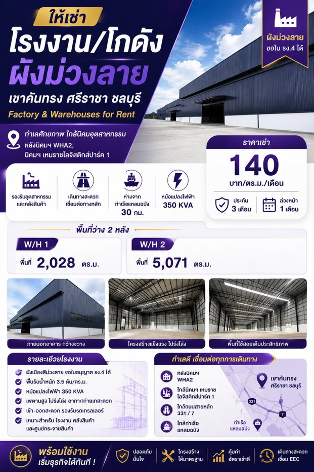 รูป ให้เช่าโรงงานสร้างใหม่ หลายขนาด เขาคันทรง ศรีราชา - รูปที่ 1/11