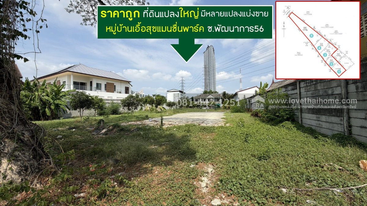 ขายที่ดินถนนพัฒนาการ56 หมู่บ้านเอื้อสุขแมนชื่นพาร์ค พื้นที่ 987 ตรว. ราคาถูก ขายเพียง 120,000 บาท/ตรว.ใกล้bts สถานีพัฒนาการและแอร์พอร์ตลิ้งค์