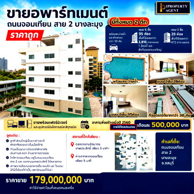 Apartment building for sale Nong Prue, Chonburi : Apartment Complex for Sale on Jomtien 2nd Rd. – 2 Buildings (123 Units / 4,488 sq.m.), Swimming Pool & 30+ Parking Spaces (Built 2017).