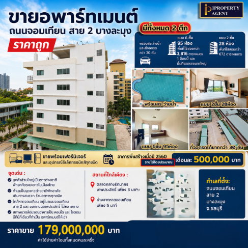 รูป ขายอพาร์ทเมนต์ ถนนจอมเทียน สาย 2 บางละมุง 2 ตึก พร้อมสระว่ายน้ำ ที่จอดรถกว่า 30 คัน  มีทั้งหมด 123 ห้อง  รวม4,488 ตรม สร้างปี 2560 - รูปที่ 1/7