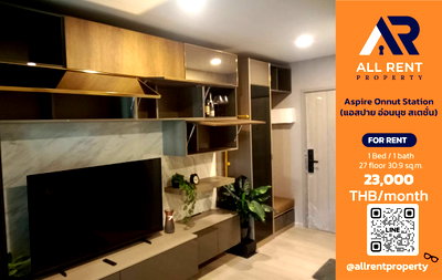 Condos for rent : 🔥 Aspire Onnut Station, beautiful room on the 27th floor with city view, near BTS Onnut. Only 23,000 THB/month. Ready to move in! 🚆🏙️