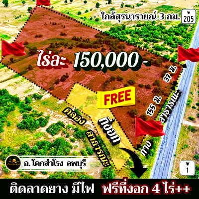 ที่ดิน ลพบุรี : ที่โคกสำโรง ลพบุรี🔥ไร่ละ 150,000🔥ติดลาดยาง มีไฟ ใกล้ ถ.205 พหล และบายพาสสายใหม่ ขายยก 28 ไร่กว่า แถมที่งอกฟรีๆ ถึง 4 ไร่‼️โอนฟรี‼️