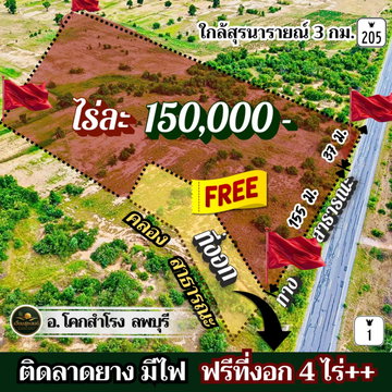 ที่โคกสำโรง ลพบุรี🔥ไร่ละ 150,000🔥ติดลาดยาง มีไฟ ใกล้ ถ.205 พหล และบายพาสสายใหม่ ขายยก 28 ไร่กว่า แถมที่งอกฟรีๆ ถึง 4 ไร่‼️โอนฟรี‼️