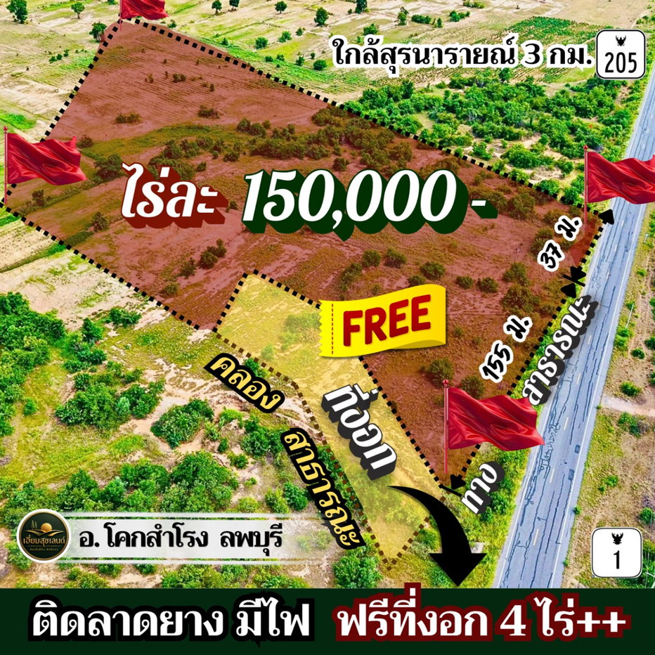 รูป ที่โคกสำโรง ลพบุรี🔥ไร่ละ 150,000🔥ติดลาดยาง มีไฟ ใกล้ ถ.205 พหล และบายพาสสายใหม่ ขายยก 28 ไร่กว่า แถมที่งอกฟรีๆ ถึง 4 ไร่‼️โอนฟรี‼️ - รูปที่ 1/4