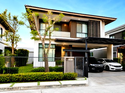 Houses for rent JAS green village - Kubon : Ramindra-Wongwaen Road, 2-story detached house, 3 bedrooms, 3 bathrooms, near Khubon Temple, 700 m., Big C Market, Khubon with air conditioning, MRT