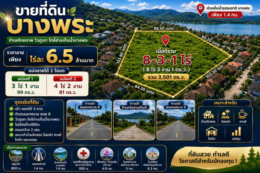 รูป ขายที่ดินทำเลทอง เกือบ 9 ไร่ บางพระ ศรีราชา - รูปที่ 1/6