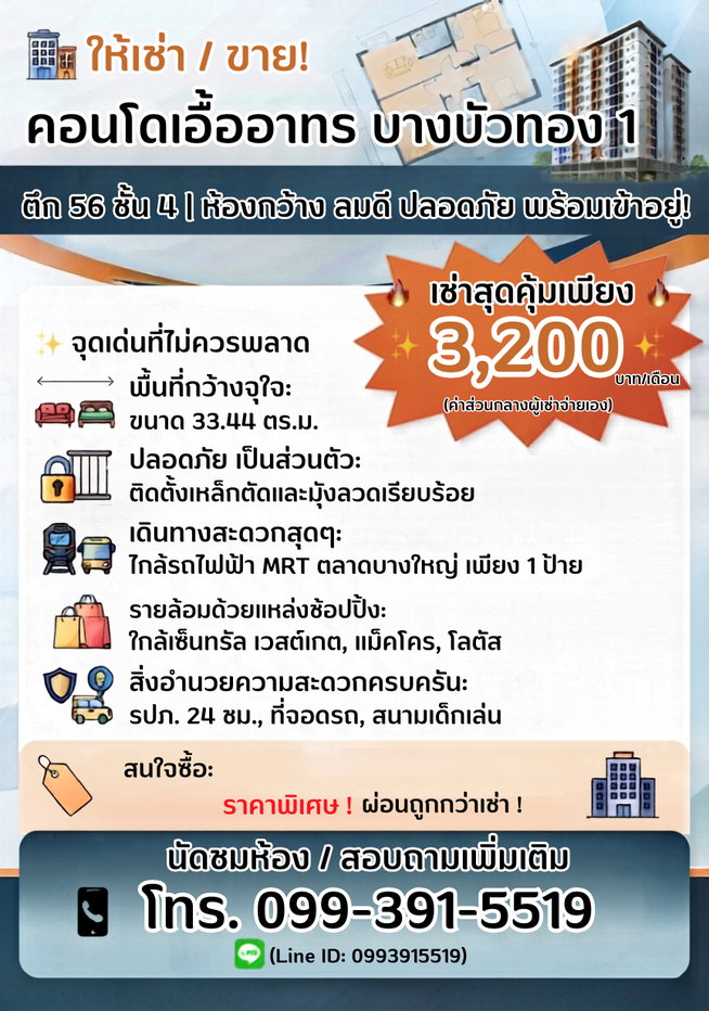 รูป คอนโดเอื้ออาทร บางบัวทอง 1 ห้องกว้าง ลมดี พร้อมเข้าอยู่ - รูปที่ 1/2