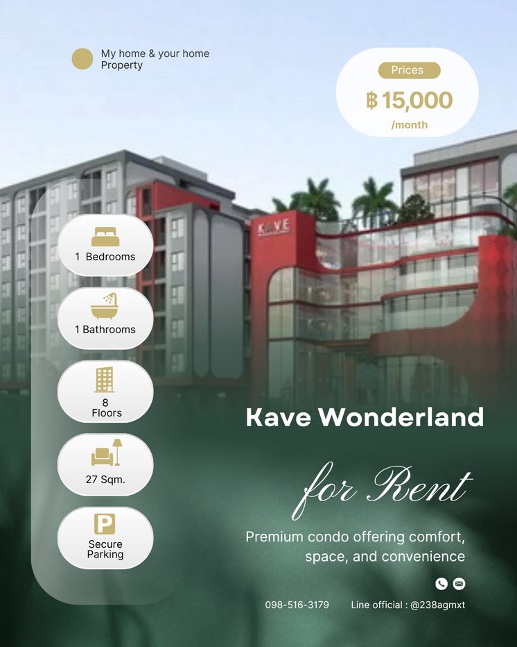 รูป 🔥ให้เช่า ห้องใหม่ 🔥 💎Kave Wonderland 💎 1 Bedroom 15,000/Month  - รูปที่ 1/15