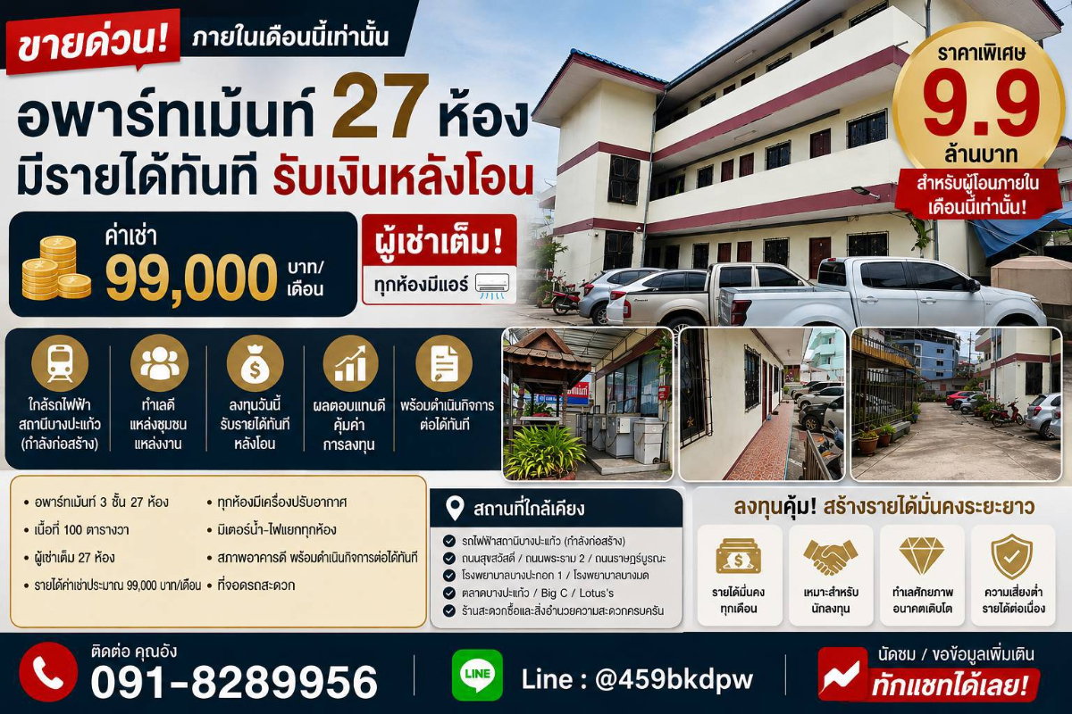 รูป ขายอพาร์ทเม้นท์ 3 ชั้น 27 ห้องนอน ผู้เช่าเต็ม รายได้ 99,000 บาท/เดือน ใกล้สถานีรถไฟฟ้าบางปะแก้ว - รูปที่ 1/8