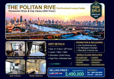 Condos for sale : ✨ Stunning Chao Phraya Riverview Condo for Sale - The Politan Rive (30th Floor)