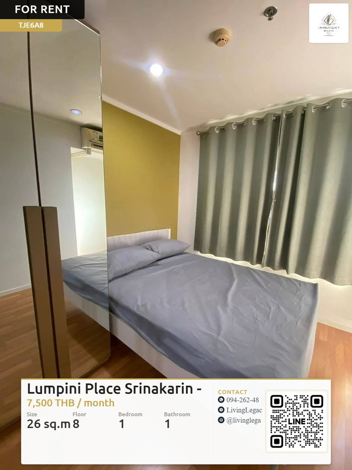 รูป TJE6A8 เช่าด่วน คอนโด Lumpini Place Srinakarin - Huamark Station 26 ตร.ม. | ชั้น 8 | 1 ห้องนอน | 1 ห้องน้ำ 7,500 บาท/เดือน line id : @livinglegacy - รูปที่ 1/10