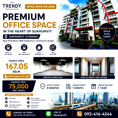 เช่าสำนักงาน สวนลุมพินี : The Trendy Office 167ตรม สำนักงานให้เช่า สุขุมวิท ใกล้ BTS นานา MRT สุขุมวิท Terminal21 อโศก