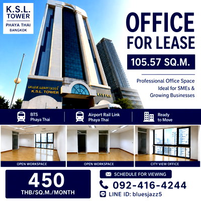 Office for rent Command And General Staff College : KSL Tower 106sqm Office Space For Rent Near BTS Phayathai ARL Phayathai Victory Monument Central World Siam Paragon MBK