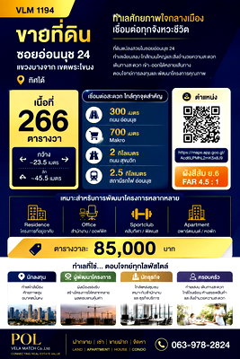 ที่ดิน อ่อนนุช 24 : VLM 1194 | ขายที่ดินอ่อนนุช 24 ทำเลศักยภาพ ใกล้ถนนอ่อนนุช เหมาะพัฒนา Apartment / Residence / Office เนื้อที่ 266 ตารางวา
