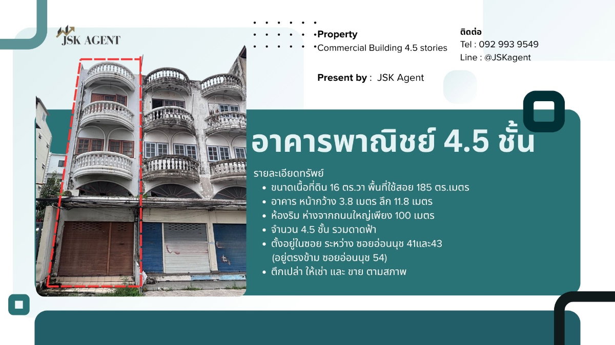 รูป ขายอาคารพาณิชย์ 4.5 ชั้น อ่อนนุช 41 หลังริม 100 เมตรเท่านั้นจากปากซอย - รูปที่ 1/20