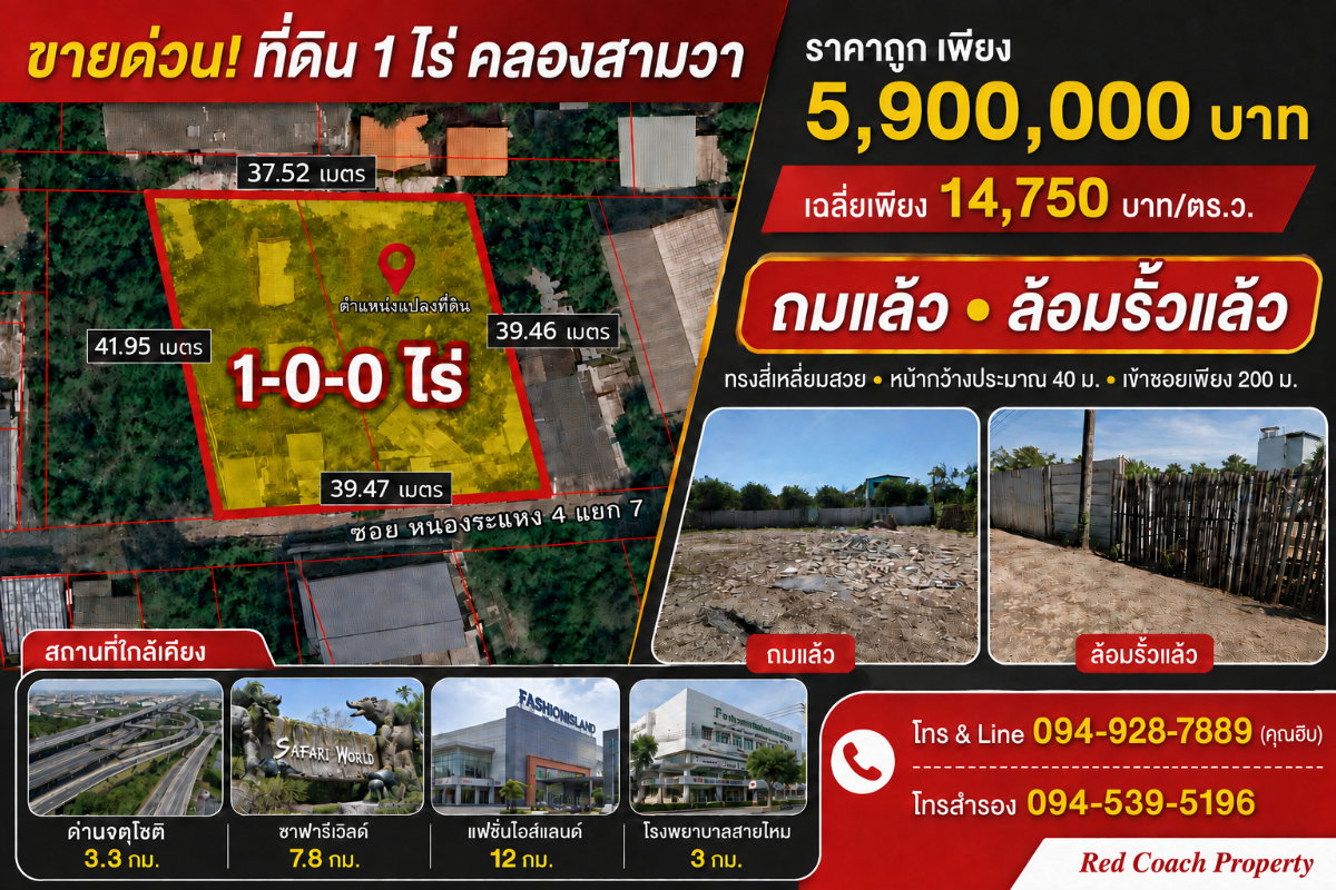 รูป ขายด่วน ที่ดิน 1 ไร่ ถมแล้วพร้อมล้อมรั้ว คลองสามวา ทรงสี่เหลี่ยมสวย ใกล้ทางด่วนจตุโชติ - รูปที่ 1/9