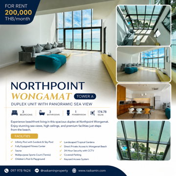 Northpoint Wongamat Condo for Rent – 3 Bedroom Duplex, Tower A, Sea View