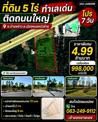 ที่ดิน หนองบัวลำภู : ขายที่ดิน 5 ไร่ ติดถนนใหญ่ 4 เลน อำเภอเมืองหนองบัวลำภู หน้ากว้าง 72 เมตร ราคา 4,999,000 บาท