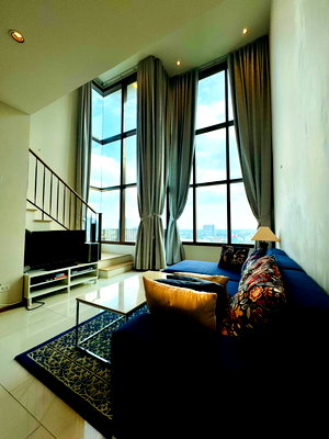 Condos for rent : The Emporio Place, a 2-story duplex room with a mezzanine, a spacious room with a bathtub. and a balcony with city views, 1 bedroom, 2 bathrooms
