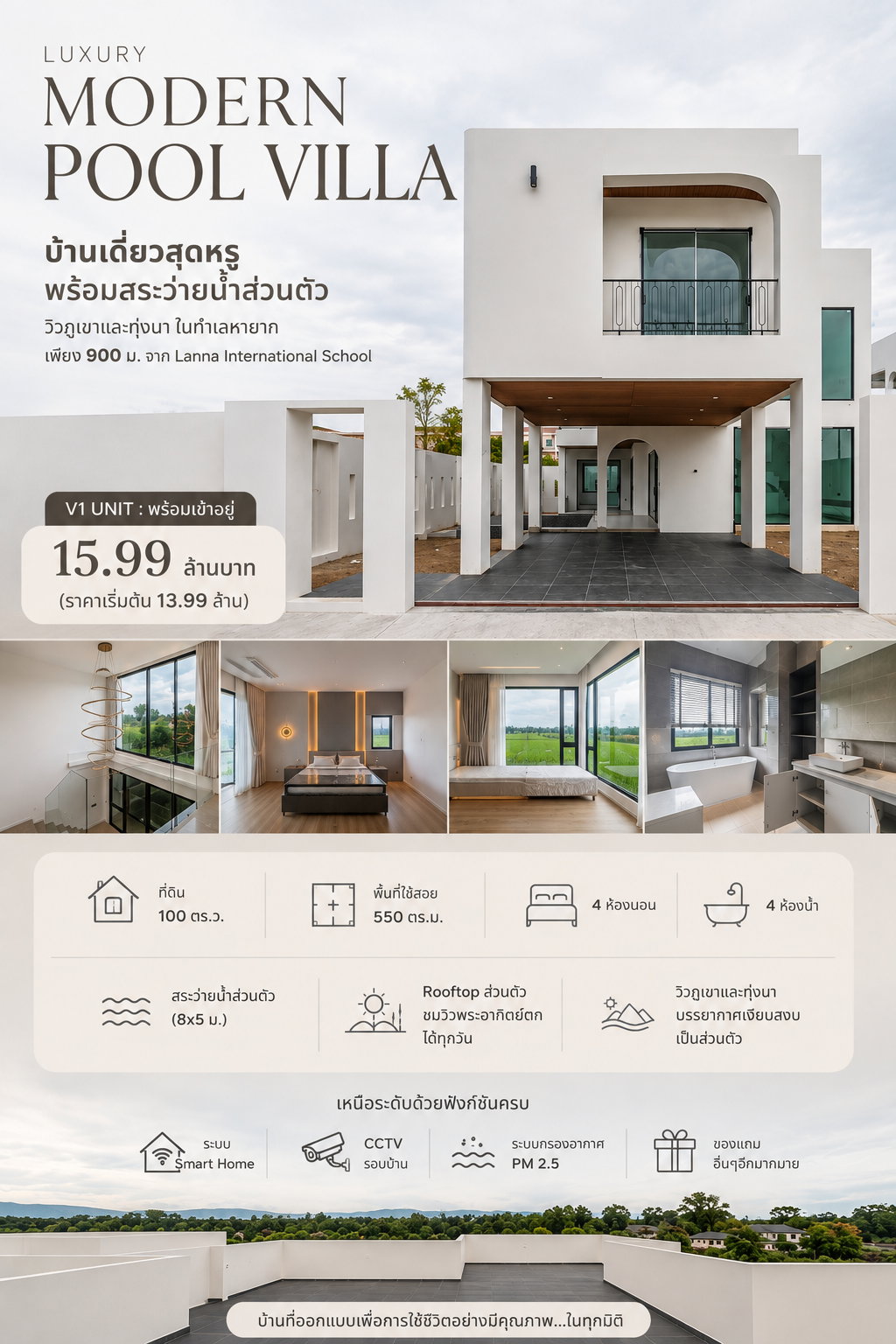 Luxury Modern Pool Villa with stunning mountain views in a prime Hang Dong location, near Lanna International School.  T. 063-664-9056