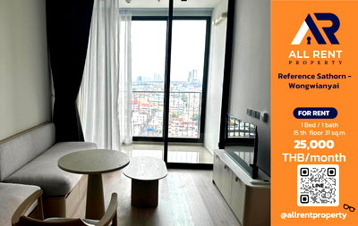 Condos for rent : 🔥 Reference Sathorn - Wongwianyai. Beautiful 1 Bedroom Plus unit on the 15th floor, 31 sq.m., near BTS Wongwianyai. Only 25,000 THB/month! 🏙️✨
