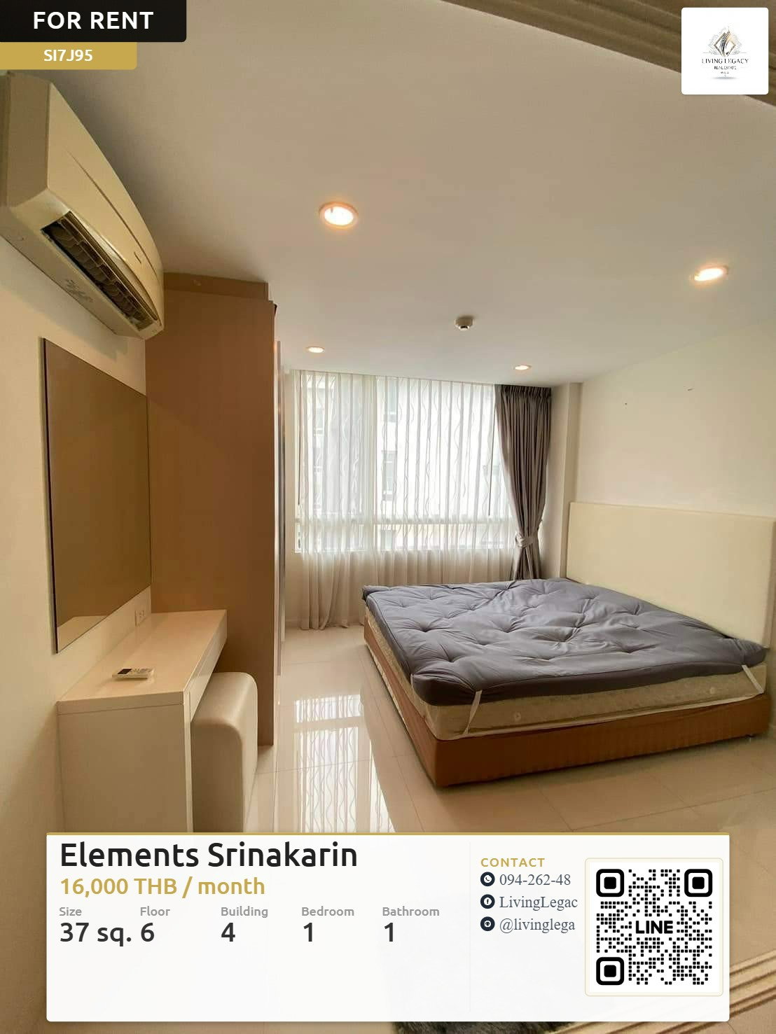 SI7J95 เช่าด่วน คอนโด Elements Srinakarin 1 นอน 37 ตร.ม. ชั้น 6 | เฟอร์ครบ พร้อมอยู่ ใกล้ Seacon