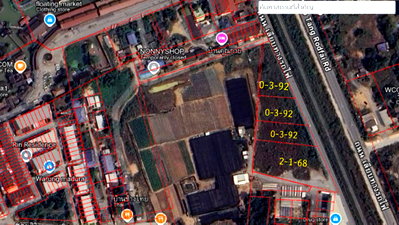 ที่ดิน ชลบุรี : ที่ดินติดถนน 5 ไร่ 143 ตร.วา ใกล้ตลาดน้ำ 4 ภาค เพียง 80 เมตร ติดถนนเลียบทางรถไฟ