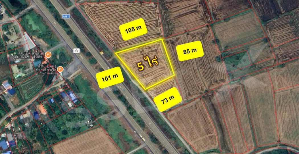 รูป ขายที่ดินแปลงใหญ่ 5 ไร่ ผังเมืองสีเขียว ติดถนนหมายเลข 32 | อ.อินทร์บุรี จ.สิงห์บุรี ฝั่งขาเข้ากรุงเทพฯ | หน้ากว้างถึง 101 เมตร - รูปที่ 1/7