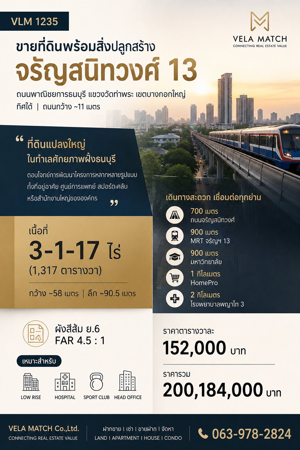 ขายที่ดินพร้อมสิ่งปลูกสร้าง จรัญสนิทวงศ์ 13 | 3-1-17 ไร่  | เหมาะ Low Rise / Hospital / Sport Club