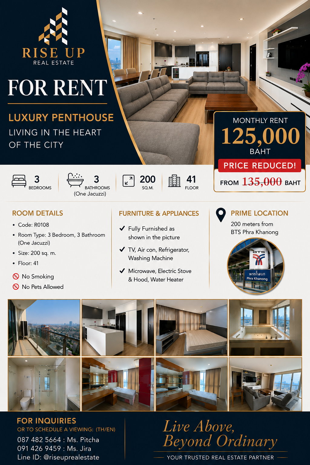 Penthouse ปล่อยเช่า 📣 Sky walk Condo , 3 ห้องนอน 3 ห้องน้ำ, 200 ตรม. 125,000 /เดือน 🔥 Hot Deal ชั้นสูง ไม่บล้อควิว 🔥 (R0108)