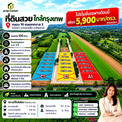 ที่ดิน หนองเสือ ปทุมธานี : ขายที่ดินปทุมฯ ที่ดินสวย ใกล้กรุงเทพฯ ราคาเพียง 5,900 บาท/ตร.ว.