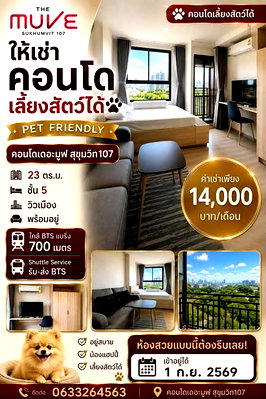 Condos for rent : 1Bed | 1Bath | BTS Bearing | 23sqm | THB 14,000/mo | Fl.5 — The Muve Sukhumvit 107 By Sansiri Bangkok