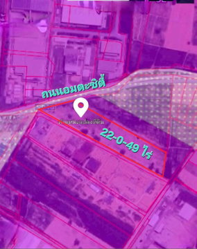 22 rai of land for sale, zoned dark purple, adjacent to Amata City Rayong Industrial Estate. Suitable for factory or warehouse construction.