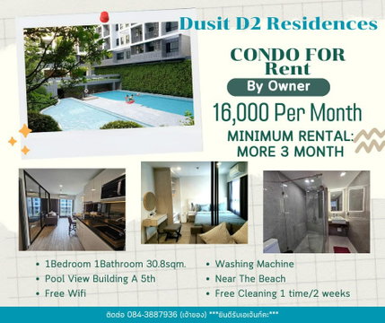 1 ห้องนอน | 1 ห้องน้ำ | BTS Bearing | 31 ตร.ม. | 16,000 บาท/เดือน | ชั้น 5 — Dusit D2 Residences Hua Hin กรุงเทพฯ
