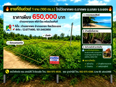 ที่ดิน แกลง ระยอง : ขายที่ดิน 1 งาน ใกล้วัดซากพง ต.ซากพง อ.แกลง จ.ระยอง ราคาเพียง 650,000 บาท