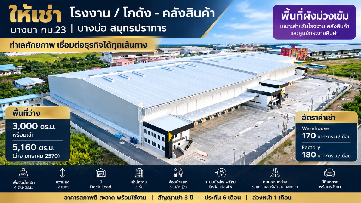 รูป ให้เช่าโรงงานสร้างใหม่ ผังม่วง กม.23 บางบ่อ สมุทรปราการ - รูปที่ 1/18