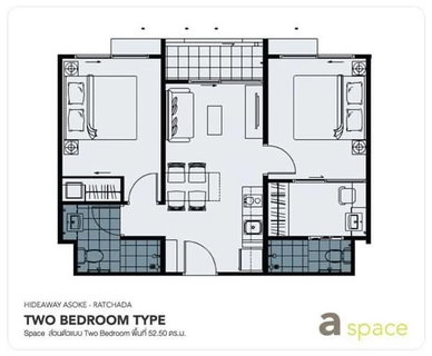 รูปภาพ 2Bed | 2Bath | MRT Phra Ram 9 | 52sqm | THB 20,000/mo | Fl.7 — A Space Hideaway Asoke-Ratchada Bangkok