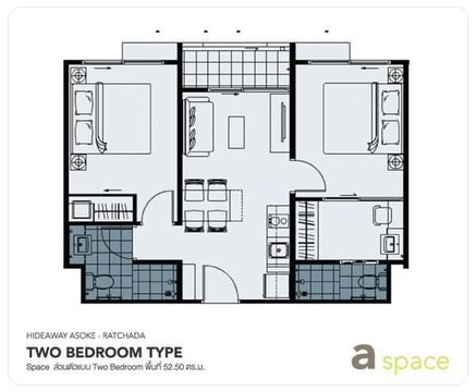 2 ห้องนอน | 2 ห้องน้ำ | MRT Phra Ram 9 | 52 ตร.ม. | 20,000 บาท/เดือน | ชั้น 7 — A Space Hideaway Asoke-Ratchada กรุงเทพฯ