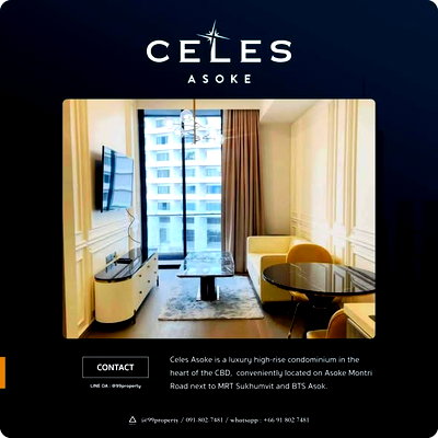 Condos for rent : 1Bed | 1Bath | MRT Sukhumvit | 50sqm | THB 55,000/mo | Fl.14 — Celes Asoke Bangkok
